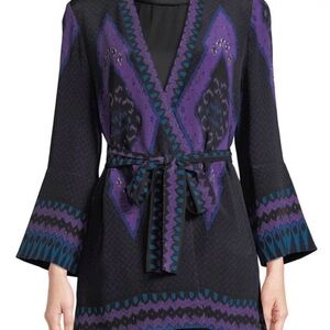 Kobi Halperin Maribel Silk Kimono Jacket M Black Purple Belted 100% Silk EUC